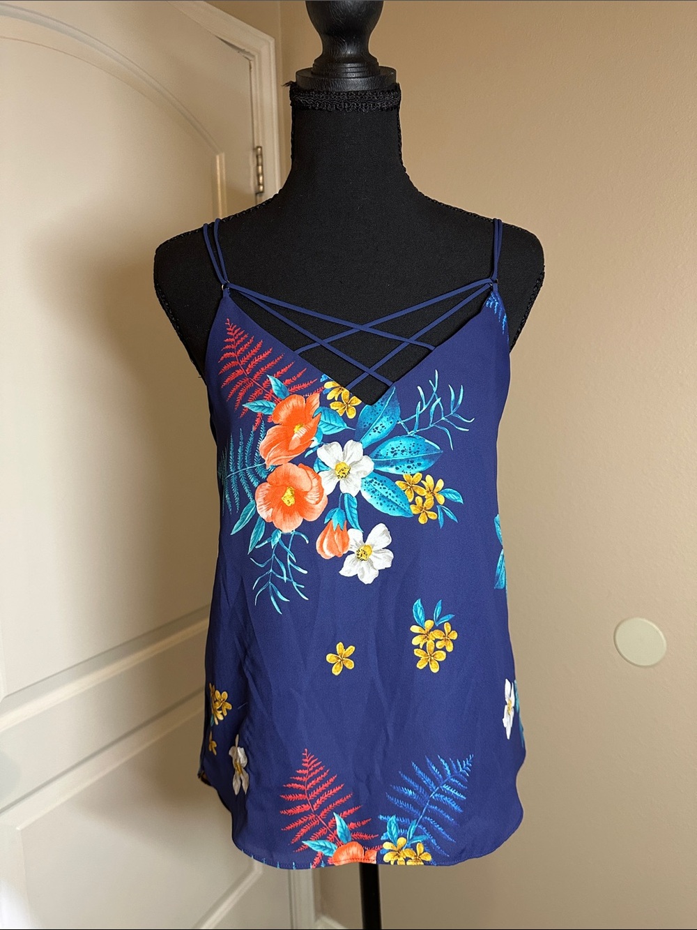 Express Navy Floral Crisscross Strappy Tank